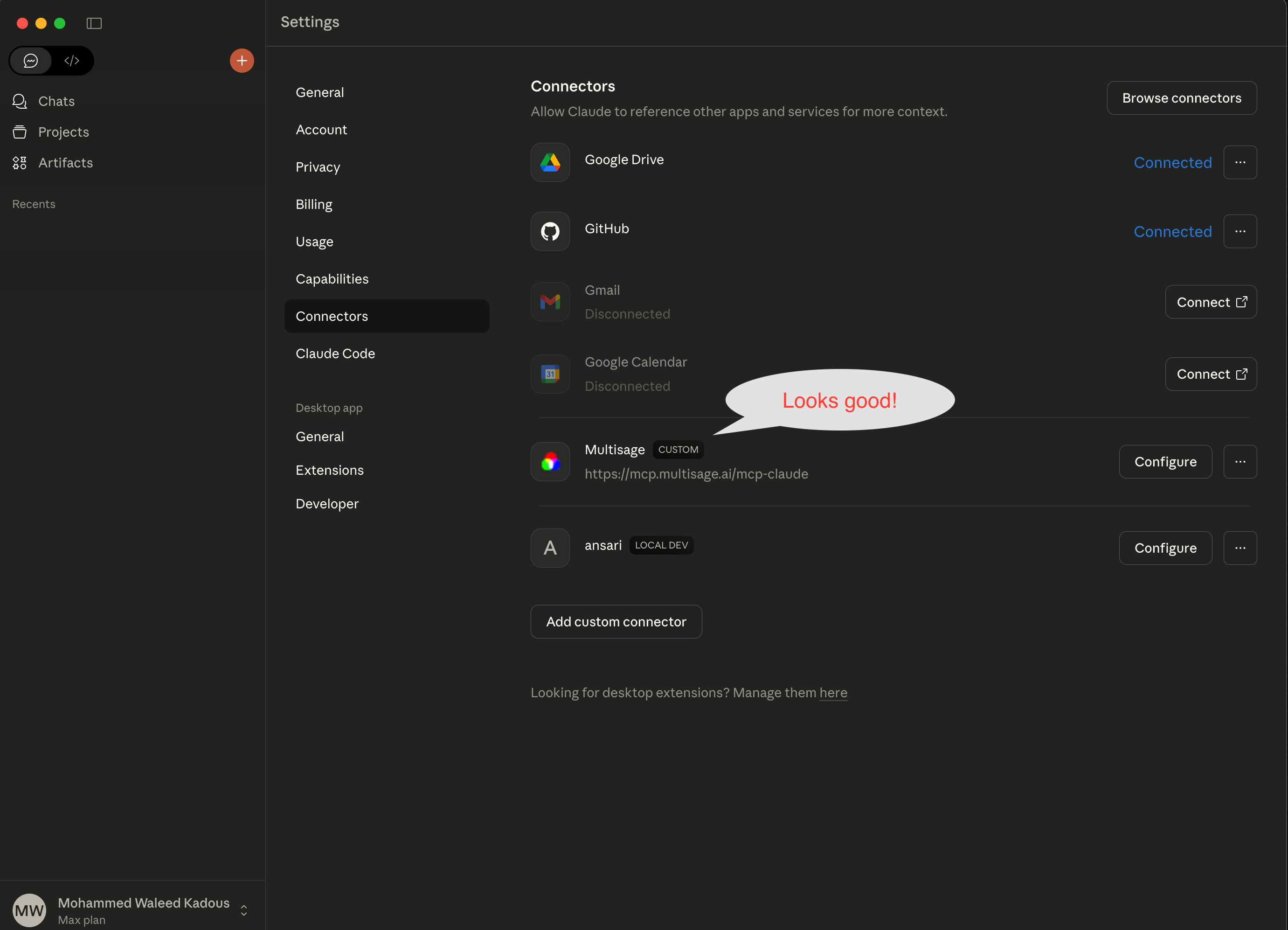 Multisage shows Configure button when connected